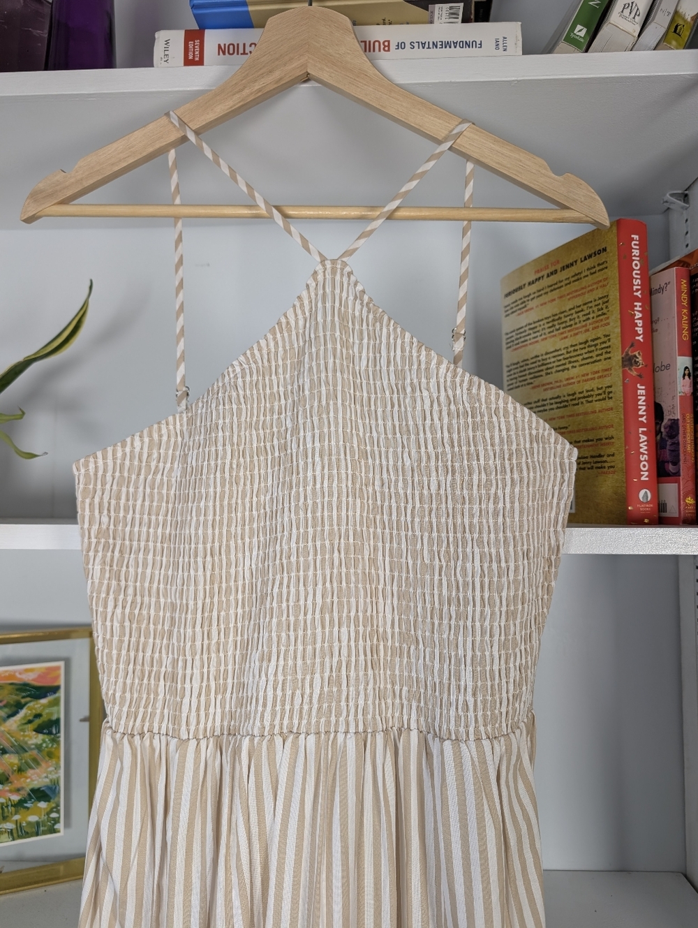 Halter Midi Dress Cream and Tan Striped Size Tiered Skirt Medium Sundress Beachy - Picture 2 of 7